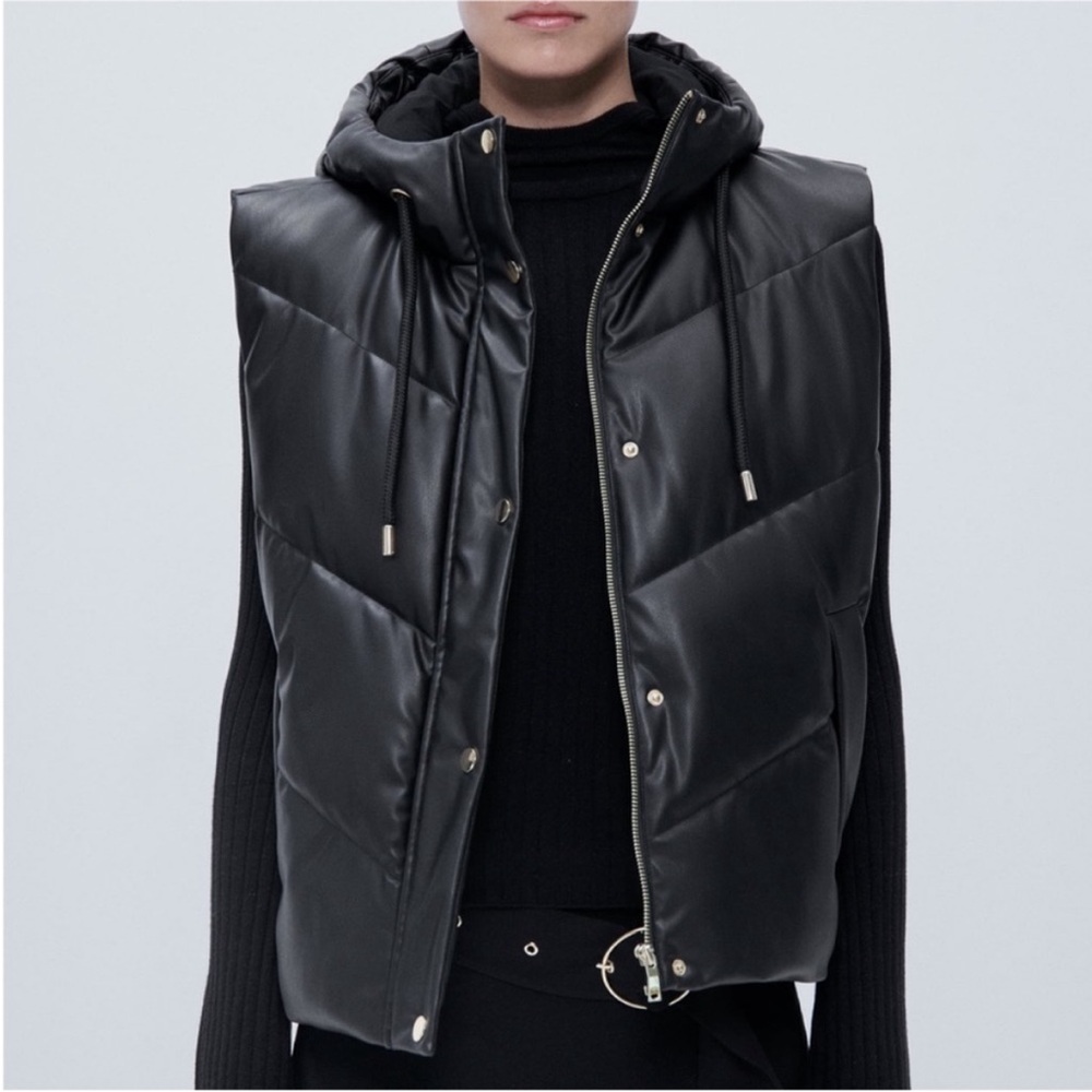 Zara Black Faux Leather Puffer Vest with Hood